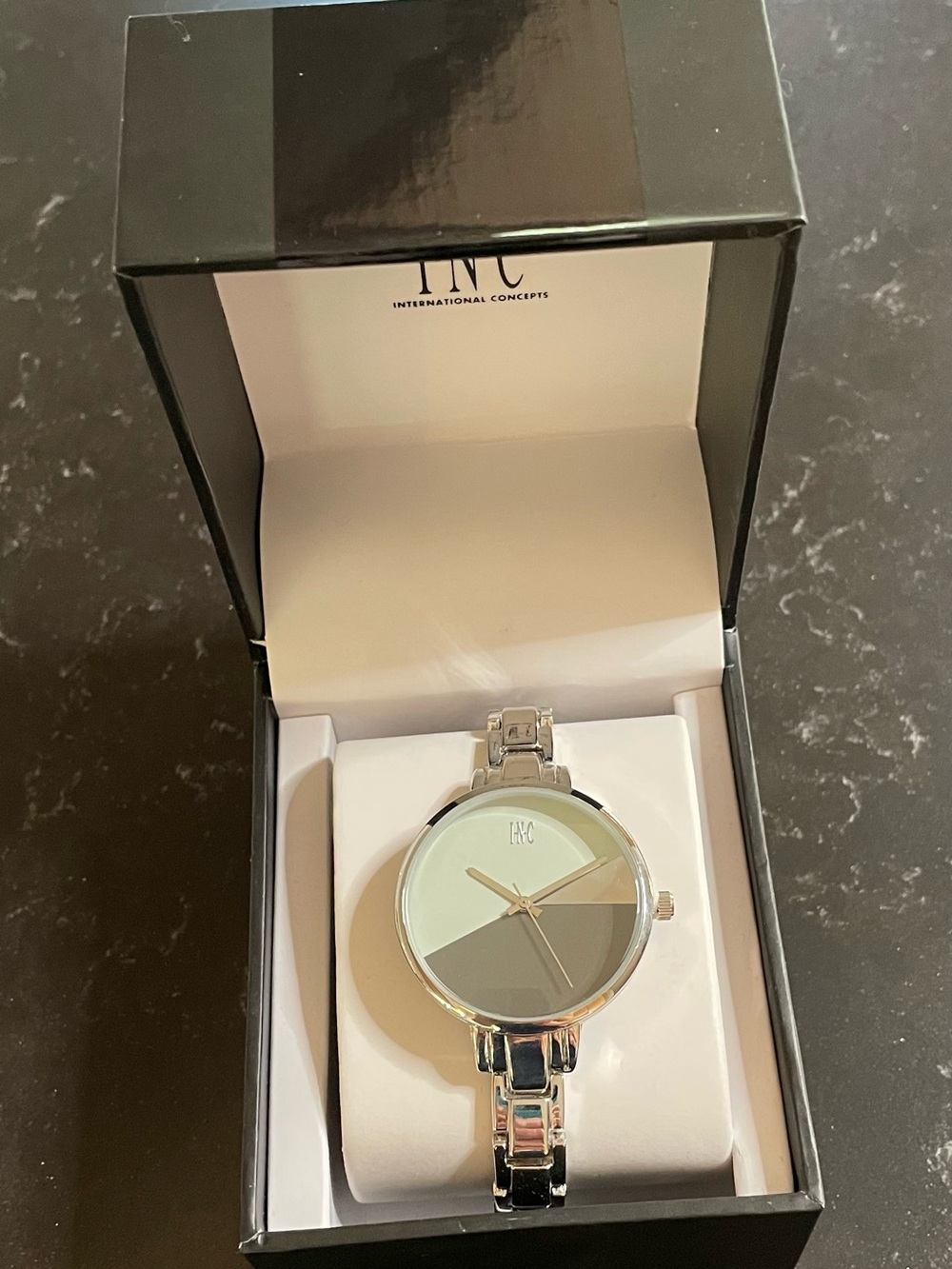 INC International Concepts Silver and Light Gray Geometric Dial Bracelet Watch